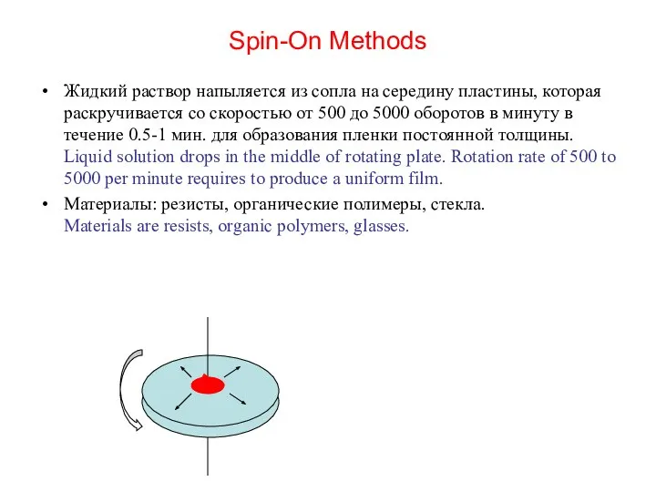 Spin-On Methods Жидкий раствор напыляется из сопла на середину пластины, которая