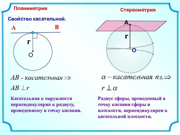 Свойство касательной. Касательная к окружности перпендикулярна к радиусу, проведенному в точку