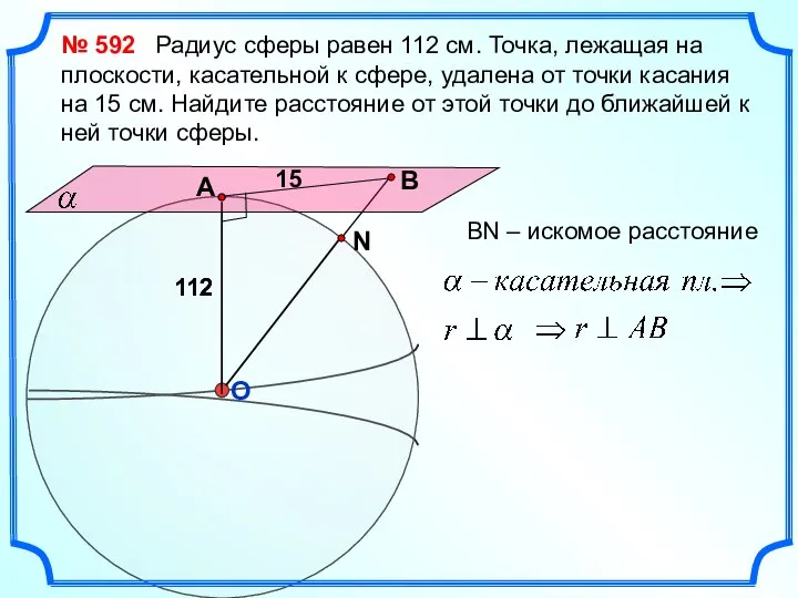 № 592 Радиус сферы равен 112 см. Точка, лежащая на плоскости,