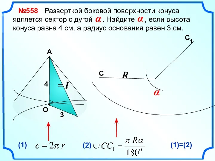 А 3 (1)=(2) = l Разверткой боковой поверхности конуса является сектор