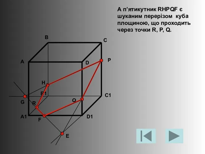 А п’ятикутник RHPQF є шуканим перерізом куба площиною, що проходить через