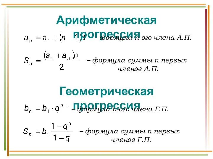 Арифметическая прогрессия – формула n-ого члена А.П. – формула суммы n
