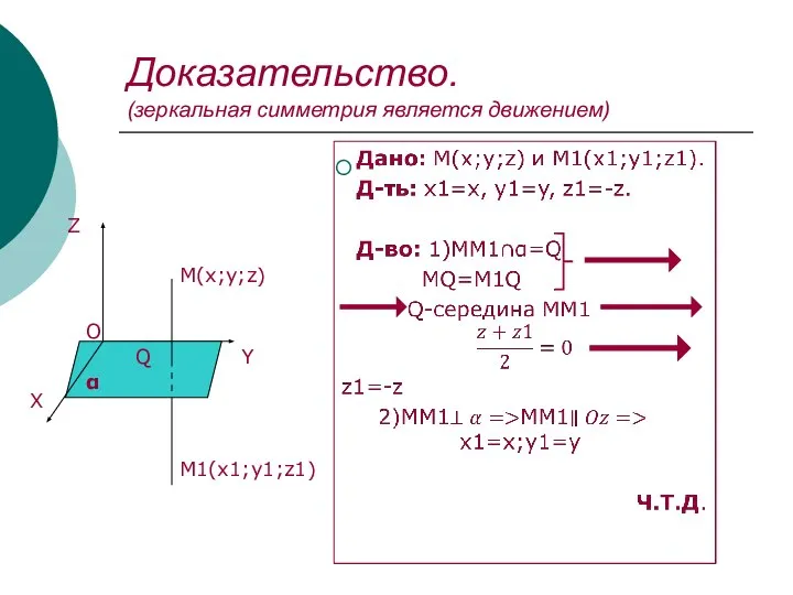 Доказательство. (зеркальная симметрия является движением) X Z Y α М(x;y;z) М1(x1;y1;z1) О Q