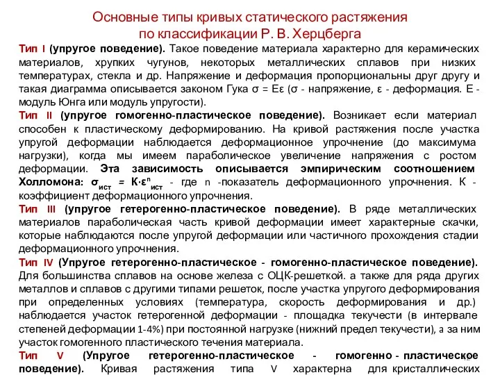 Основные типы кривых статического растяжения по классификации Р. В. Херцберга Тип