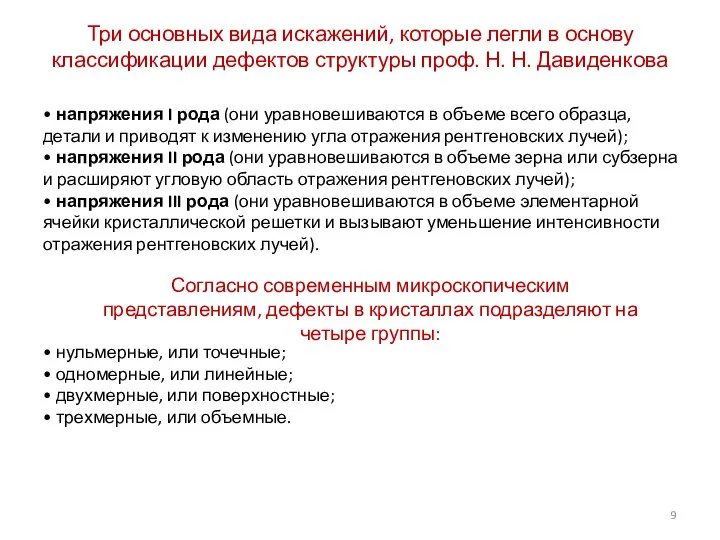 Три основных вида искажений, которые легли в основу классификации дефектов структуры