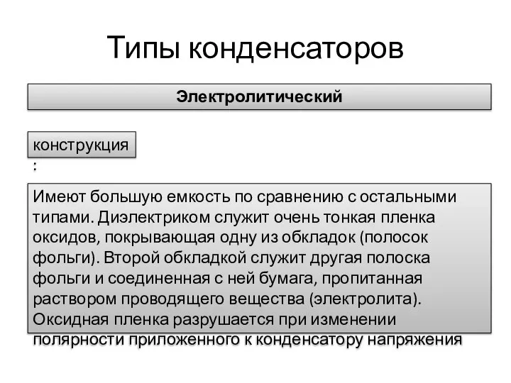 Типы конденсаторов Электролитический конструкция: Имеют большую емкость по сравнению с остальными