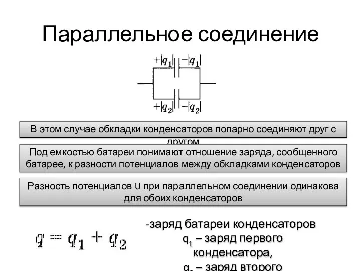 Параллельное соединение В этом случае обкладки конденсаторов попарно соединяют друг с