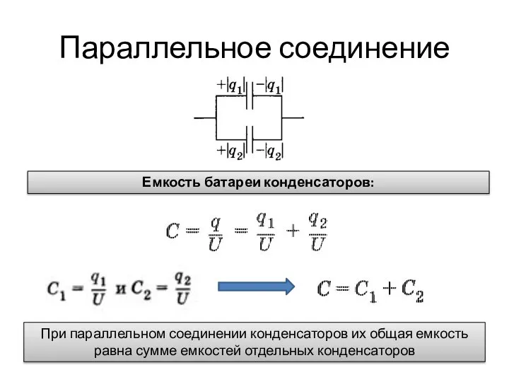 Параллельное соединение Емкость батареи конденсаторов: При параллельном соединении конденсаторов их общая