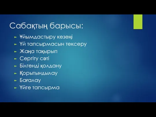 Сабақтың барысы: Ұйымдастыру кезеңі Үй тапсырмасын тексеру Жаңа тақырып Сергіту сәті