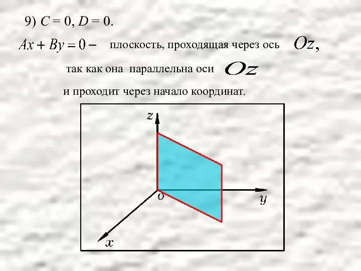 9) С = 0, D = 0. плоскость, проходящая через ось