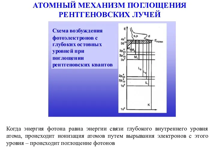 АТОМНЫЙ МЕХАНИЗМ ПОГЛОЩЕНИЯ РЕНТГЕНОВСКИХ ЛУЧЕЙ Когда энергия фотона равна энергии связи