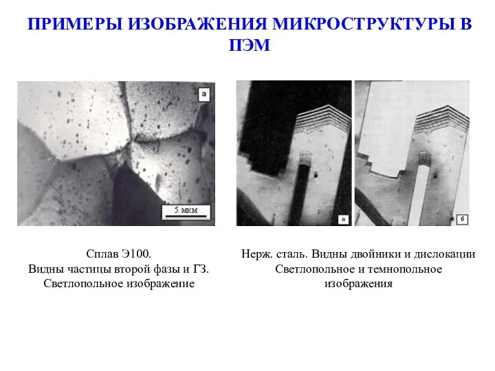 ПРИМЕРЫ ИЗОБРАЖЕНИЯ МИКРОСТРУКТУРЫ В ПЭМ Сплав Э100. Видны частицы второй фазы