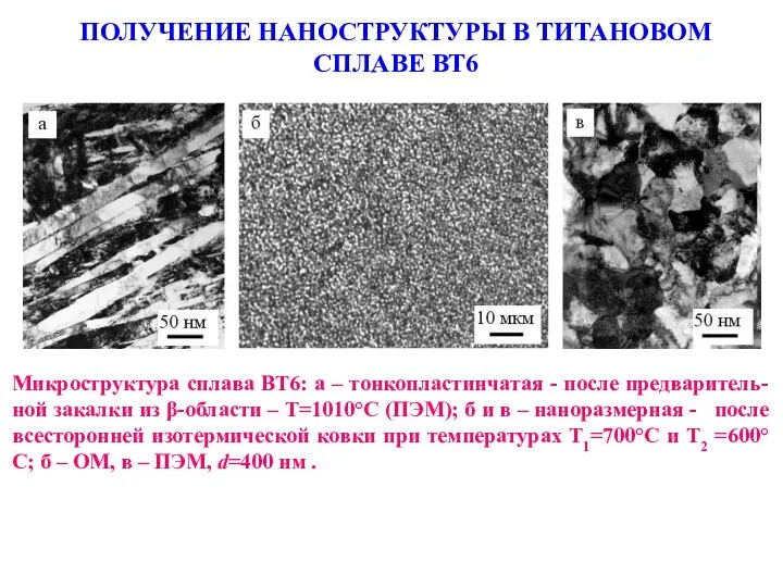 ПОЛУЧЕНИЕ НАНОСТРУКТУРЫ В ТИТАНОВОМ СПЛАВЕ ВТ6 Микроструктура сплава ВТ6: а –