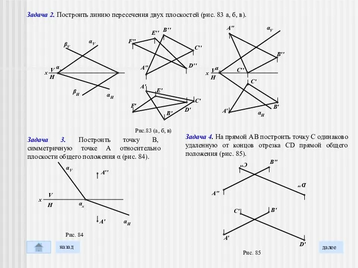 Задача 2. Построить линию пересечения двух плоскостей (рис. 83 а, б,