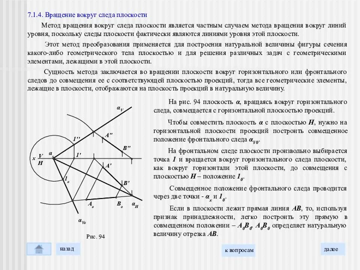 Рис. 94 На рис. 94 плоскость α, вращаясь вокруг горизонтального следа,