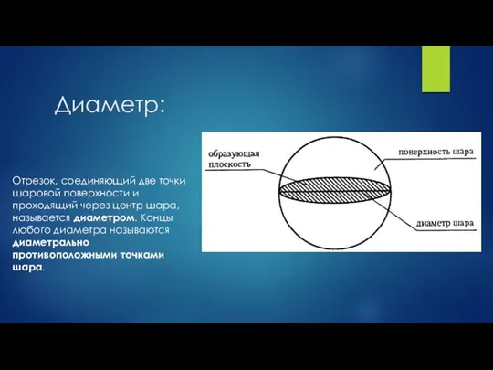 Диаметр: Отрезок, соединяющий две точки шаровой поверхности и проходящий через центр