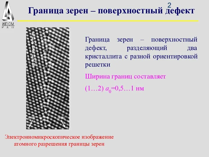 Граница зерен – поверхностный дефект Граница зерен – поверхностный дефект, разделяющий