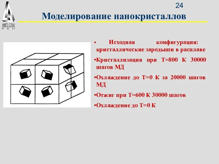 Моделирование нанокристаллов Исходная конфигурация: кристаллические зародыши в расплаве Кристаллизация при Т=800