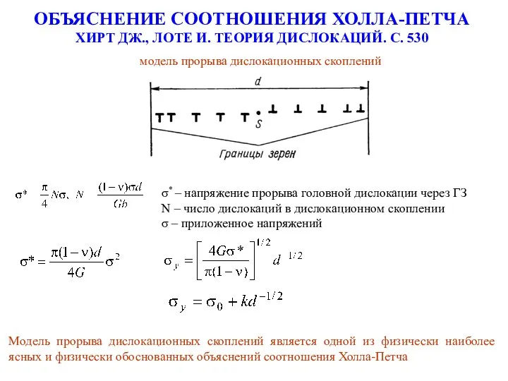 ОБЪЯСНЕНИЕ СООТНОШЕНИЯ ХОЛЛА-ПЕТЧА ХИРТ ДЖ., ЛОТЕ И. ТЕОРИЯ ДИСЛОКАЦИЙ. С. 530