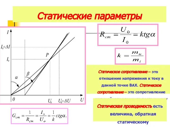 Статические параметры Статическое сопротивление – это отношение напряжения к току в