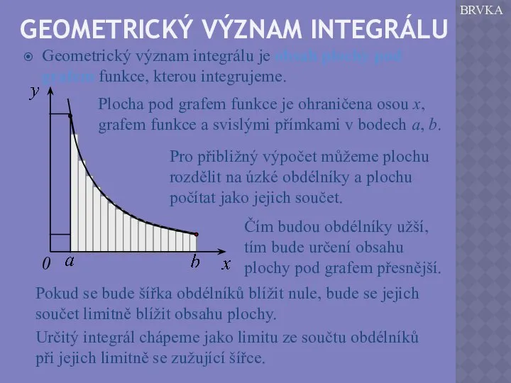 GEOMETRICKÝ VÝZNAM INTEGRÁLU Geometrický význam integrálu je obsah plochy pod grafem