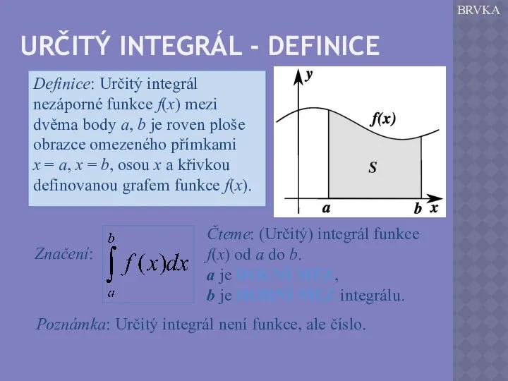 URČITÝ INTEGRÁL - DEFINICE Definice: Určitý integrál nezáporné funkce f(x) mezi