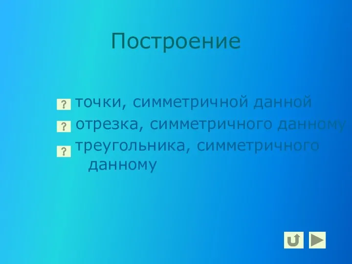 Построение точки, симметричной данной отрезка, симметричного данному треугольника, симметричного данному