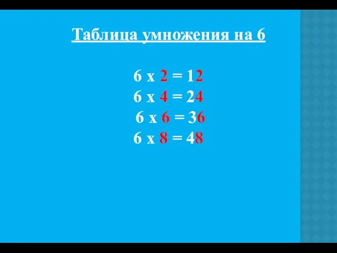 Таблица умножения на 6 6 х 2 = 12 6 х