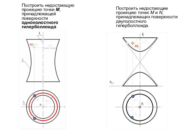 Построить недостающие проекцию точек М и N, принадлежащих поверхности двуполостного гиперболлоида.