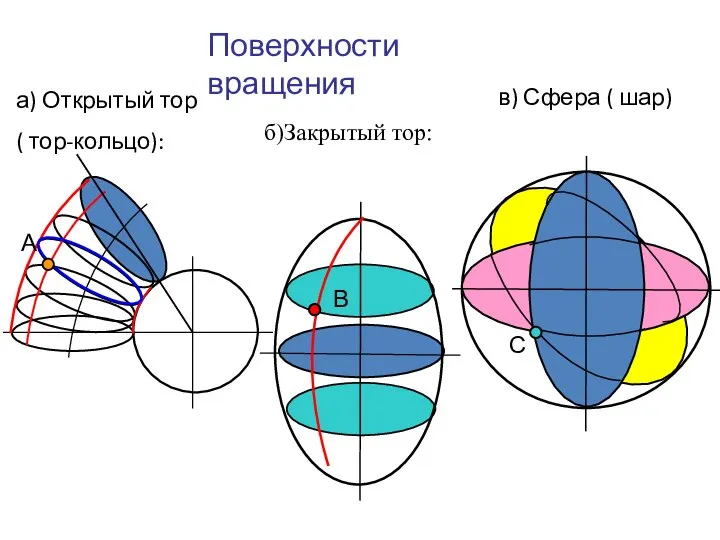Поверхности вращения а) Открытый тор ( тор-кольцо): б)Закрытый тор: А В в) Сфера ( шар) С