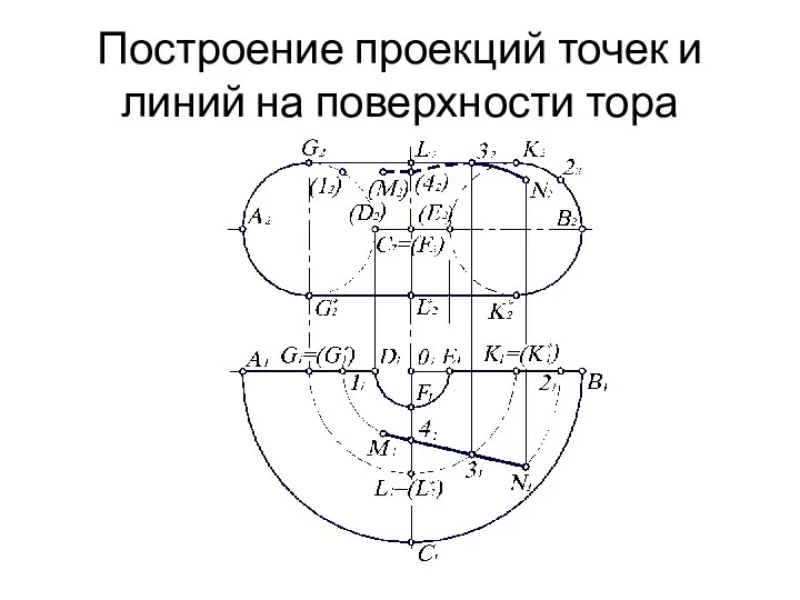 Построение проекций точек и линий на поверхности тора