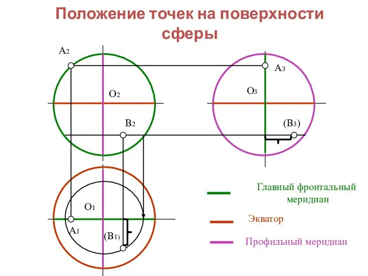 Положение точек на поверхности сферы Главный фронтальный меридиан Профильный меридиан Экватор