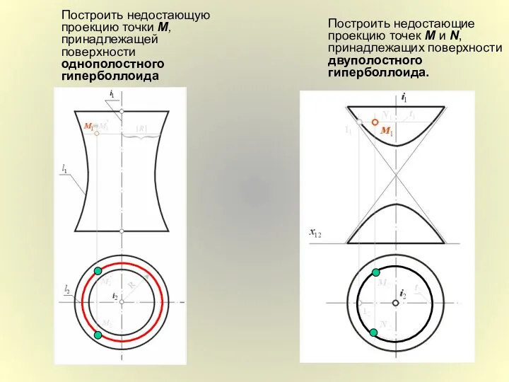 Построить недостающие проекцию точек М и N, принадлежащих поверхности двуполостного гиперболлоида.
