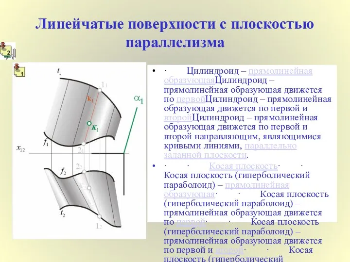 Линейчатые поверхности с плоскостью параллелизма · Цилиндроид – прямолинейная образующаяЦилиндроид –