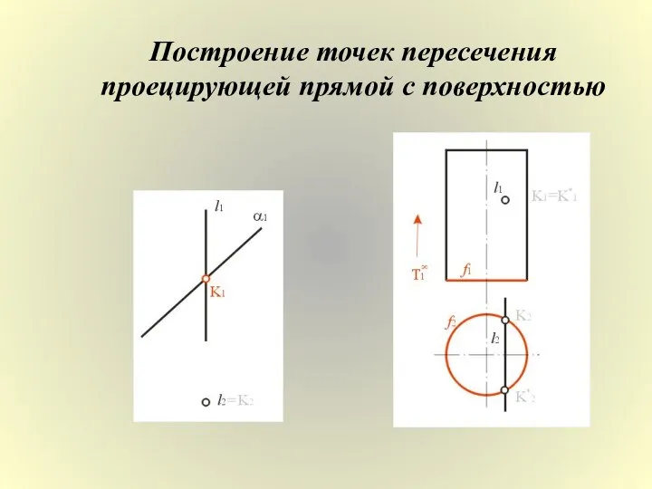 Построение точек пересечения проецирующей прямой с поверхностью