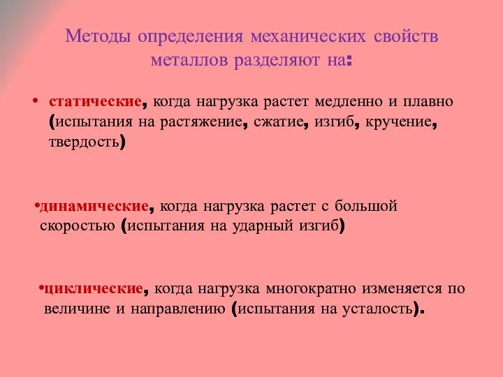 Методы определения механических свойств металлов разделяют на: статические, когда нагрузка растет