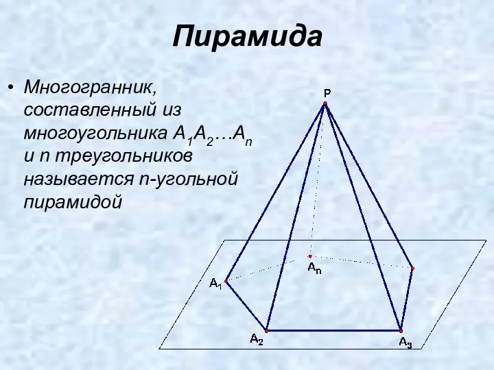 Пирамида Многогранник, составленный из многоугольника A1A2…An и n треугольников называется n-угольной пирамидой