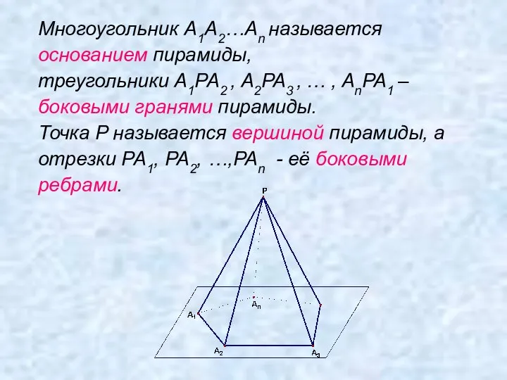 Многоугольник A1A2…An называется основанием пирамиды, треугольники A1PA2 , A2PA3 , …