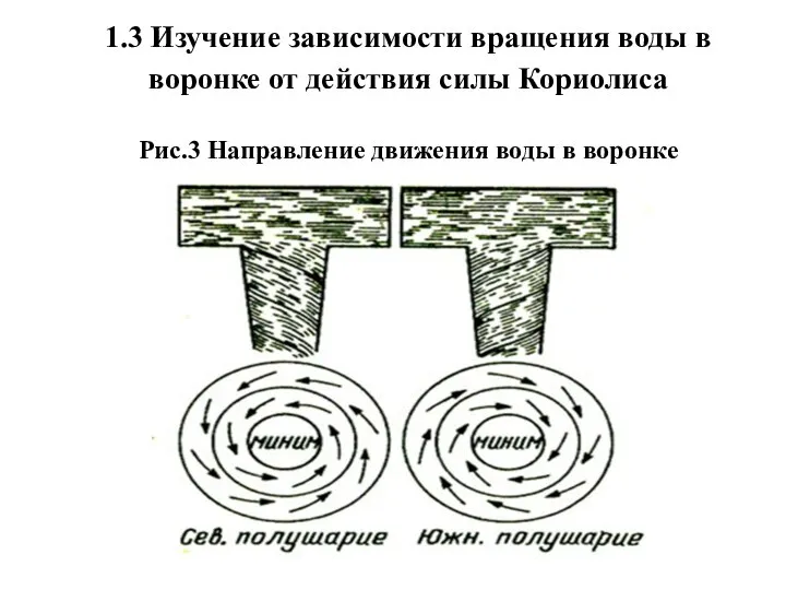 1.3 Изучение зависимости вращения воды в воронке от действия силы Кориолиса