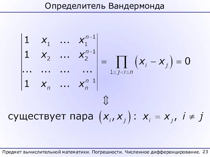 Определитель Вандермонда Предмет вычислительной математики. Погрешности. Численное дифференцирование.