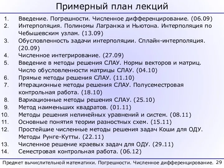 Примерный план лекций Предмет вычислительной математики. Погрешности. Численное дифференцирование. Введение. Погрешности.