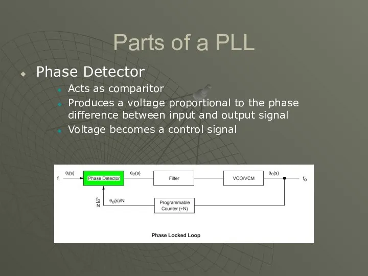 Parts of a PLL Phase Detector Acts as comparitor Produces a