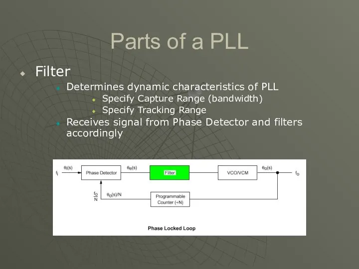 Parts of a PLL Filter Determines dynamic characteristics of PLL Specify