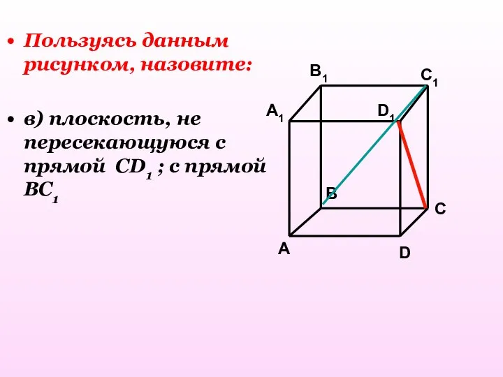 Пользуясь данным рисунком, назовите: в) плоскость, не пересекающуюся с прямой CD1 ; с прямой BC1