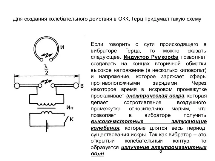 Для создания колебательного действия в ОКК, Герц придумал такую схему Если