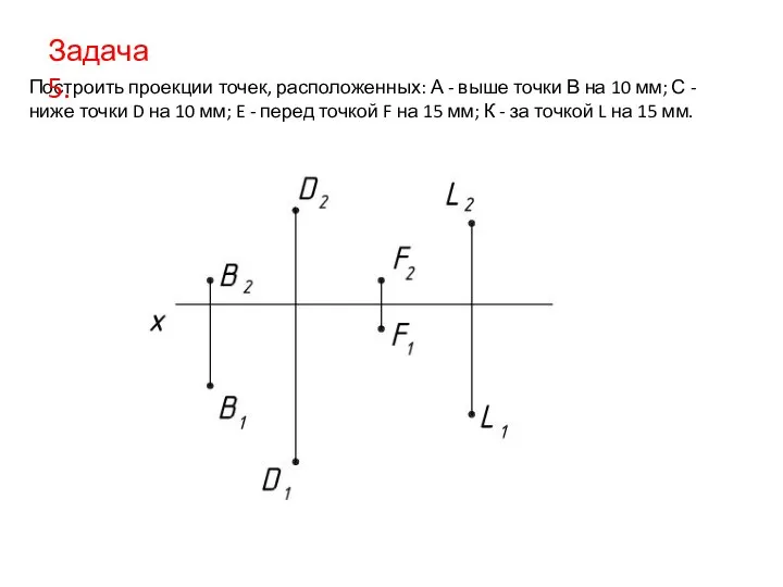 Построить проекции точек, расположенных: А - выше точки В на 10