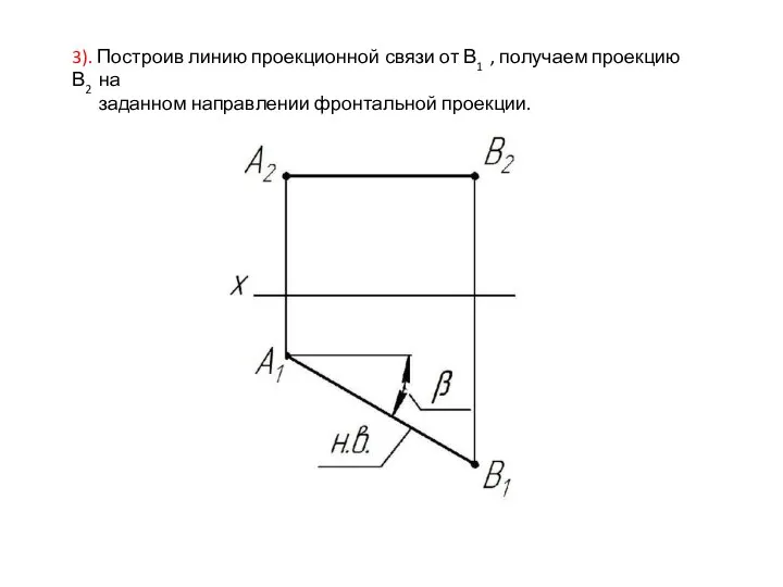 3). Построив линию проекционной связи от В1 , получаем проекцию В2 на заданном направлении фронтальной проекции.