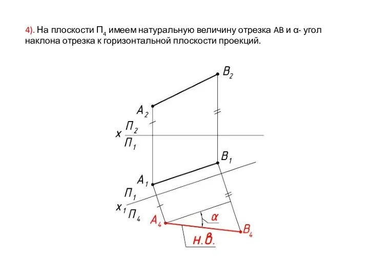 4). На плоскости П4 имеем натуральную величину отрезка AB и α-