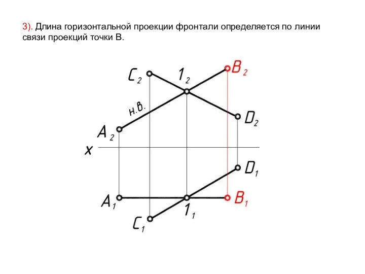 3). Длина горизонтальной проекции фронтали определяется по линии связи проекций точки В.