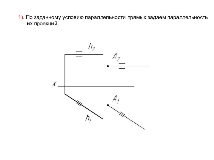 1). По заданному условию параллельности прямых задаем параллельность их проекций.